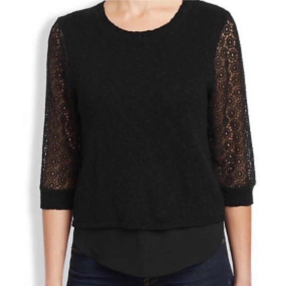 Club Monaco Black Mixed Media Crochet 3/4 Sleeve Silk Cashmere Sweater Small